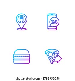 Set line Online ordering pizza delivery, Burger, Cafe and restaurant location and Food. Gradient color icons. Vector