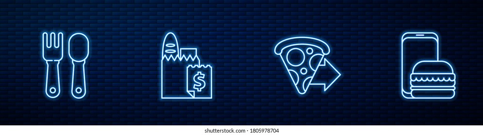 Set line Online ordering pizza delivery, Fork and spoon,  and . Glowing neon icon on brick wall. Vector