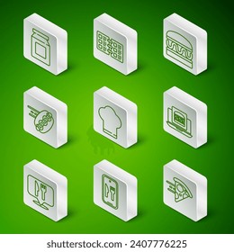 Set line Online ordering pizza delivery, and, Chef hat, hotdog, Restaurant cafe menu, Cafe restaurant location and burger icon. Vector