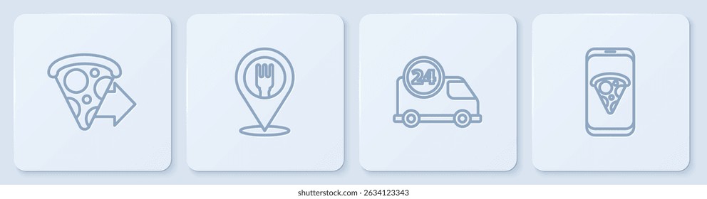 Set line Pedidos en línea de entrega de pizza, rápido en coche, cafetería y restaurante y comida. Botón cuadrado blanco. Vector