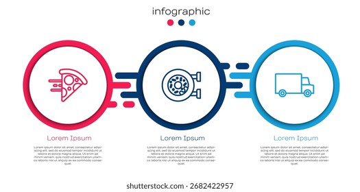 Definir linha Online encomendar entrega de pizza, Donut e rápido de carro. Modelo de infográfico comercial. Vetor
