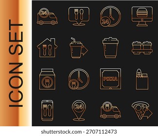 Set line Pedidos en línea de entrega de pizza, bolsa de compras y alimentos, taza de café para llevar, reloj 24 horas, rápido en coche e icono. Vector