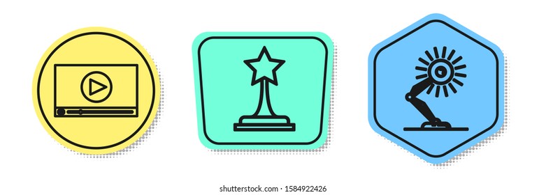 Set line Online play video , Movie trophy  and Table lamp . Colored shapes. Vector