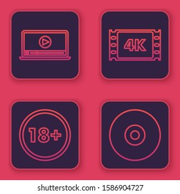 Set line Online play video , Under 18 years, 4k movie, tape, frame  and CD or DVD disk . Blue square button. Vector