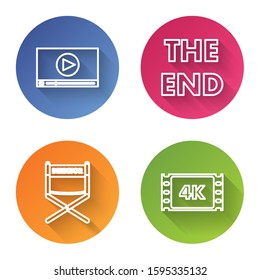 Set line Online play video , The End handwritten inscription , Director movie chair  and 4k movie, tape, frame . Color circle button. Vector