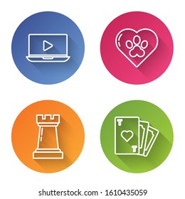 Set line Online play video, Heart with animals footprint, Chess symbol and Playing card with heart symbol. Color circle button. Vector
