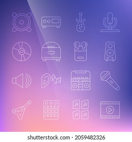 Set line Online play video, Microphone, Stereo speaker, Electric bass guitar, CD or DVD disk,  and Air headphones box icon. Vector