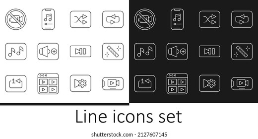 Set line Online play video, Photo retouching, Arrow shuffle, Speaker volume, Music note, tone, Prohibition recording, Pause button and player icon. Vector