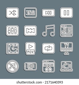 Set Line Online Play Video, Smart Tv, Music Player, Pause Button, Rewind, Sound Mixer Controller, Arrow Shuffle And Note, Tone Icon. Vector