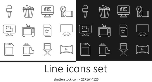 Set Line Online Play Video, Cinema Auditorium With Seats, Monitor 8k, Retro Tv, Camera And Location, Microphone, Ticket And Popcorn Box Icon. Vector