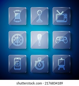 Set line Online play video, Stopwatch, Easel or painting art boards, Retro tv, Kitchen whisk, Casino chips, Sewing thread on spool and Gamepad icon. Vector