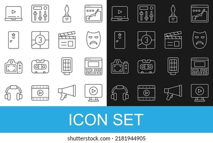 Set line Online play video, Video recorder on laptop, Drama theatrical mask, Movie trophy, Old film movie countdown frame, Backstage,  and clapper icon. Vector