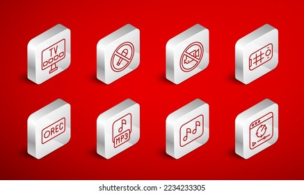 Set line Online play video, Mute microphone, Prohibition no recording, Selfie mobile, Music note, tone, Smart Tv, MP3 file and Record button icon. Vector