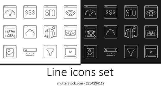 Establecer línea Vídeo de reproducción en línea, compras en pantalla, optimización SEO, transferencia de datos de tecnología en la nube, motor de búsqueda, medidor de velocidad digital e icono. Vector