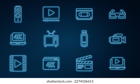 Set line Online play video, Cinema camera, VHS cassette tape, Retro tv, Laptop with 4k, Remote control, USB flash drive and  icon. Vector