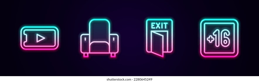 Set line Online play video, Cinema chair, Fire exit and Plus 16 movie. Glowing neon icon. Vector