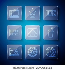 Set line Online play video, Camera shutter, Film reel, Cinema ticket, Curtain, Movie clapper, Retro tv and Paper glass with straw icon. Vector