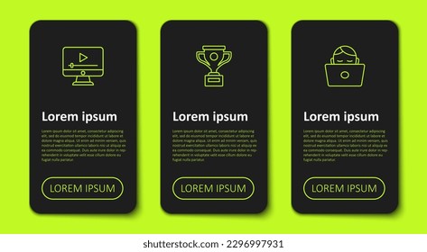 Set line Online play video, Award cup and Student working at laptop. Business infographic template. Vector