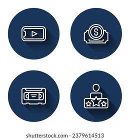 Set line Online play video, Cinema ticket, VHS cassette tape and Actor star with long shadow. Blue circle button. Vector