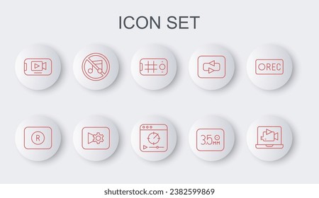 Set line Online play video, Record button, Selfie mobile, Audio jack, Speaker mute, Music settings and  icon. Vector