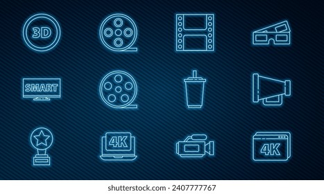 Fijar línea de video de reproducción en línea con 4k, Megaphone, Play Video, Film reel, Screen tv Smart, 3D word, Paper glass water e icon. Vector