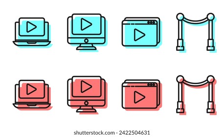 Set line Online play video, Online play video, Online play video and Carpet with barriers icon. Vector