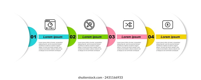 Set line Online play video, Mute microphone, Arrow shuffle and Record button. Business infographic template. Vector