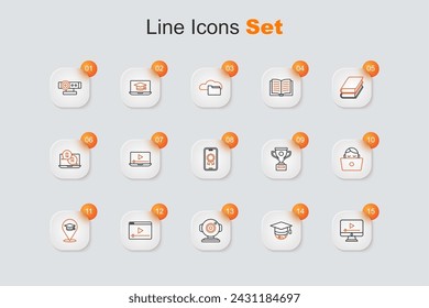 Set line Online play video, Graduation cap on globe, Web camera, education, Student working laptop, Award cup and with diploma icon. Vector