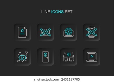 Set line Online play video, 3D cinema glasses, Backstage, Romantic movie, No cell phone, Cinema ticket, Prohibition no recording and Scenario icon. Vector