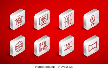 Set line Online-Wiedergabe-Video, Monitor mit 8k, Sound-Mixer-Controller, Mikrofon, Bildschirm-TV, Film-Scheinwerfer, Video abspielen und Film-Rolle-Symbol. Vektor