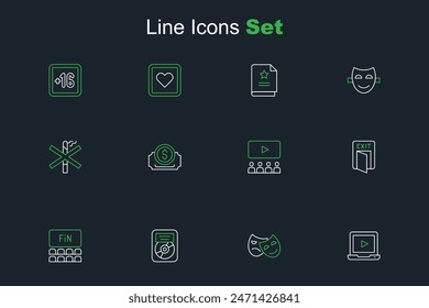 Set line Online play video, Comedy and tragedy masks, CD disk award frame, Cinema auditorium with screen, Fire exit, ticket and No smoking icon. Vector