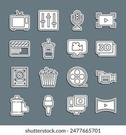Set line Online play video, Cinema camera, 3D word, Microphone, Paper glass with water, Movie clapper, Retro tv and Camera and location icon. Vector