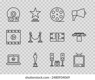 Set line Online play video, Retro tv, Film reel, Movie trophy, CD or DVD disk, Rope barrier, Home stereo with two speakers and Limousine car and carpet icon. Vector