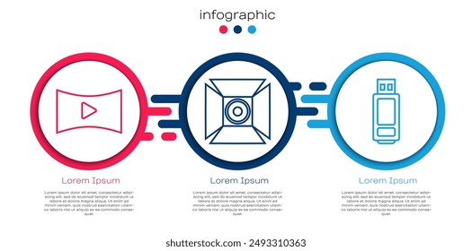 Set line Online play video, Movie spotlight and USB flash drive. Business infographic template. Vector