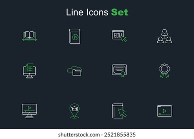 Set line Online play video, book, education, with diploma, Certificate template, Cloud or online library and quiz, test, survey icon. Vector