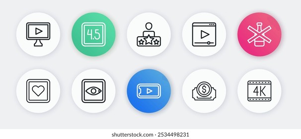 Set line Online play video, No alcohol, Like heart, Cinema ticket, Actor star, 4k movie and Rating icon. Vector