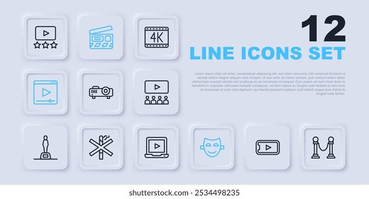 Set line Online play video, Rope barrier, Movie, film, media projector, Comedy theatrical mask, No smoking, clapper and  icon. Vector