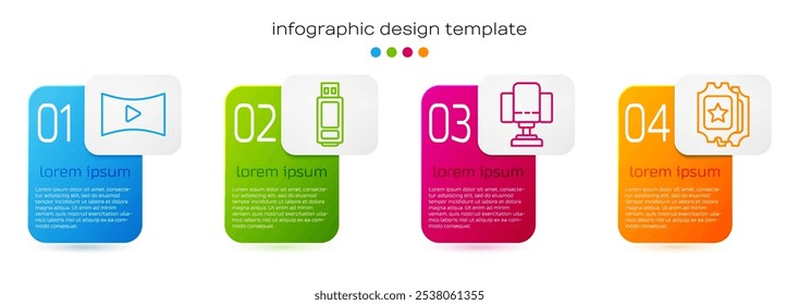 Set line Reproduzir vídeo on-line, unidade flash USB, cadeira de cinema Diretor e bilhete de cinema. Modelo de infográfico comercial. Vetor