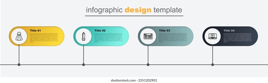 Set line Online play video, Music synthesizer, Pencil with eraser and Badminton shuttlecock. Business infographic template. Vector