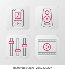 Set line Online play video, Music equalizer, Stereo speaker and player icon. Vector