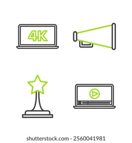 Set line Online play video, Movie trophy, Megaphone and Laptop screen with 4k technology icon. Vector