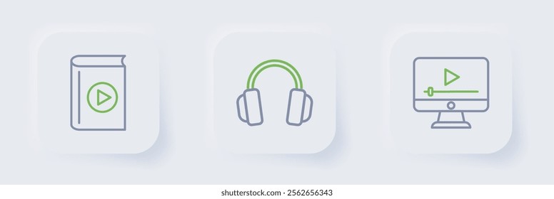 Set line Online play video, Headphones and Audio book icon. Vector