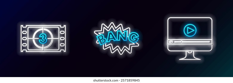 Set line Online play video, Play Video and Bang boom text speech bubble balloon icon. Glowing neon. Vector