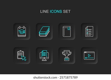 Set line Online play video, Award cup, quiz, test, survey, Book,  and education icon. Vector