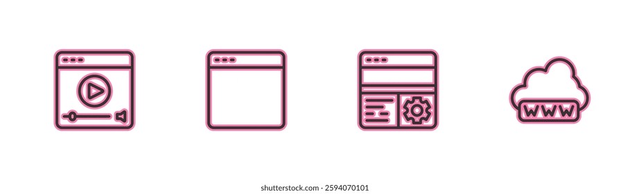 Set line Online play video, Debugging, Browser window and Web development icon. Vector