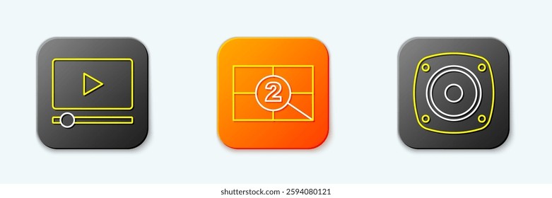 Set line Online play video, Old film movie countdown frame and Stereo speaker icon. Vector