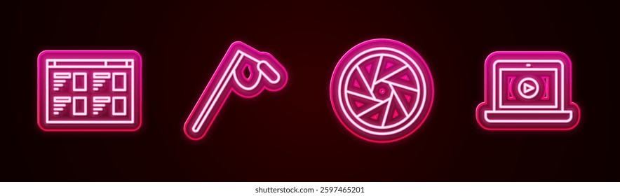 Set line Online play video, Microphone, Camera shutter and . Glowing neon icon. Vector