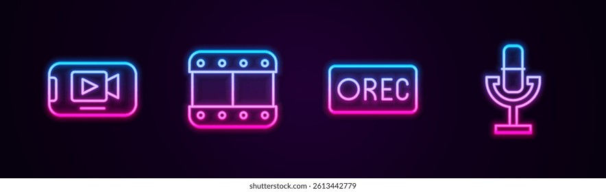 Set line Online play video, Play, Record button and Microphone. Glowing neon icon. Vector