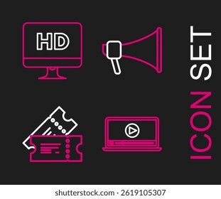 Set line Online play video, Cinema ticket, Megaphone and Computer PC monitor with HD technology icon. Vector
