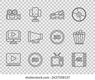 Set line Online play video, 4k movie, tape, frame, 3D cinema glasses, 5d virtual reality, Cinema camera, Megaphone, Retro tv and Popcorn box icon. Vector